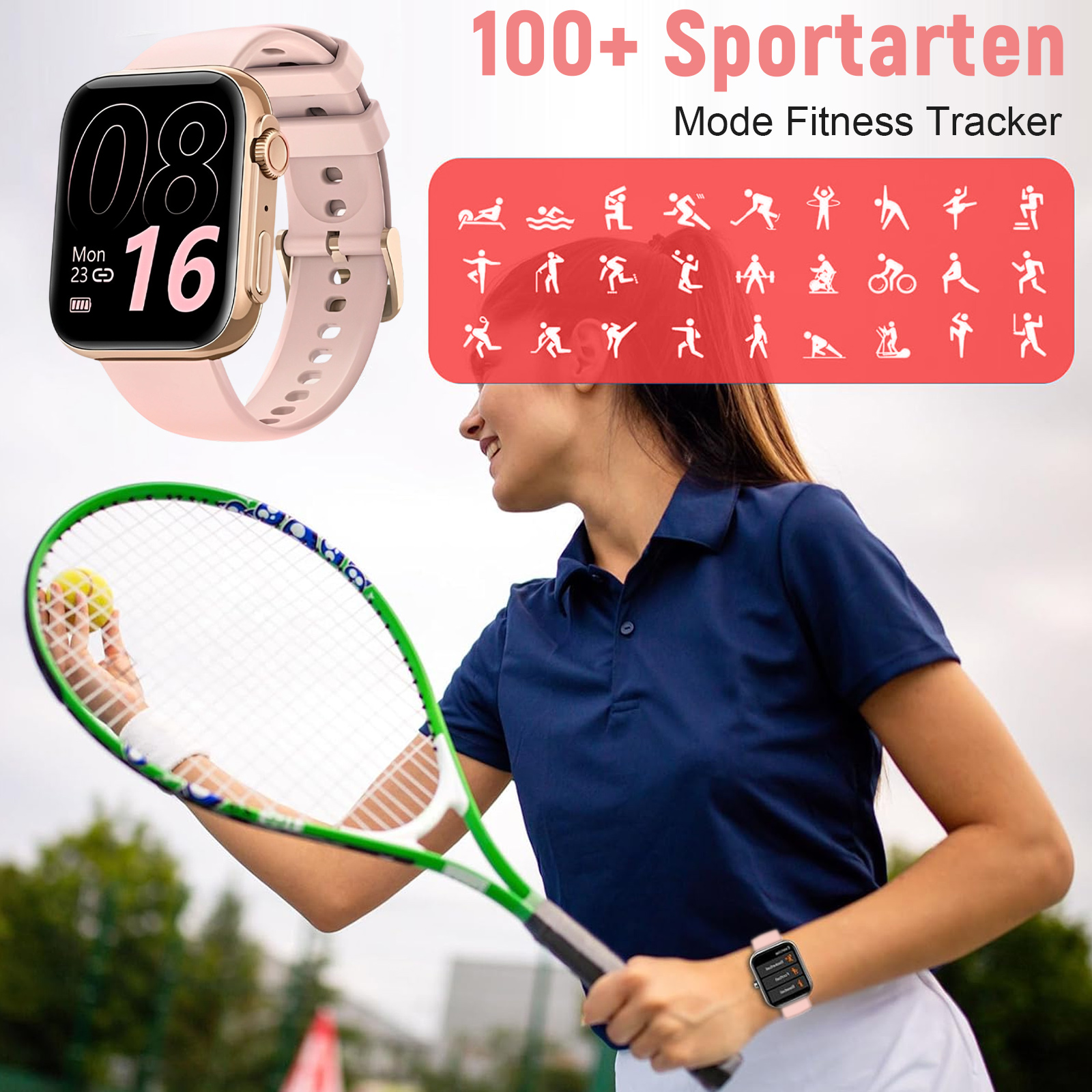 Eine Frau spielt Tennis mit einer rosa Smartwatch, und eine Tabelle zeigt Sportmodi.