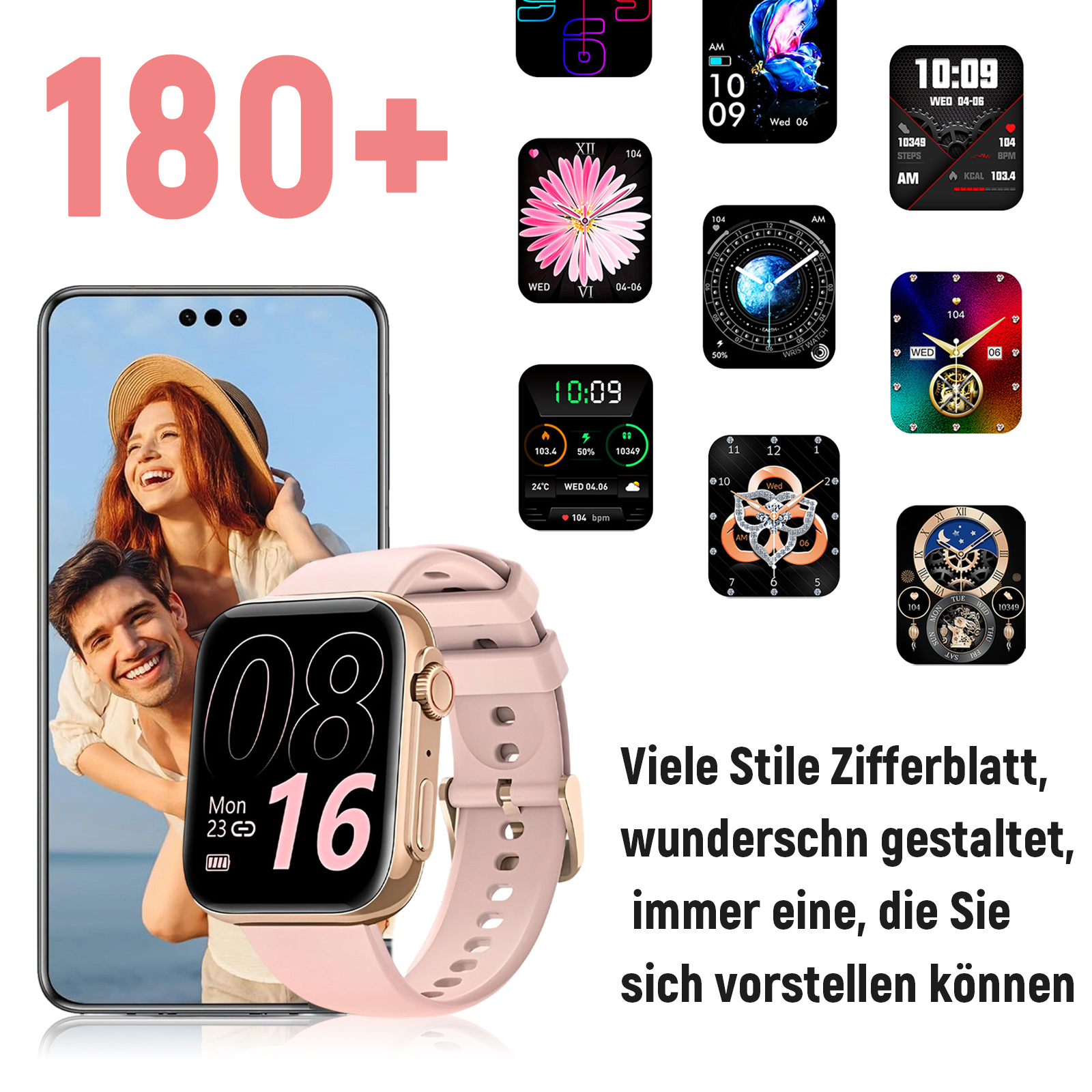 Eine Smartwatch, die Zeit und Gesundheitsdaten anzeigt. Es gibt mehrere Zifferblätter.