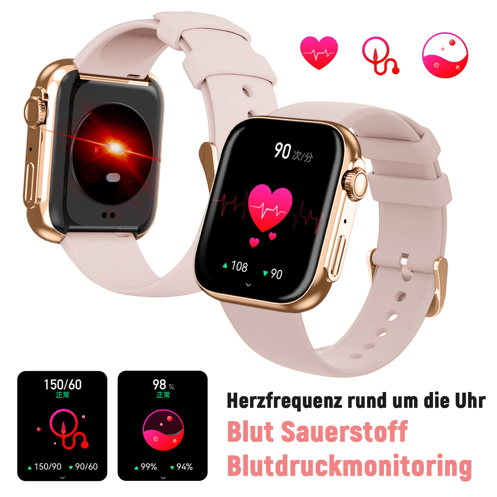 Zwei rosa Smartwatches, die Gesundheitsdaten auf dem Bildschirm anzeigen.