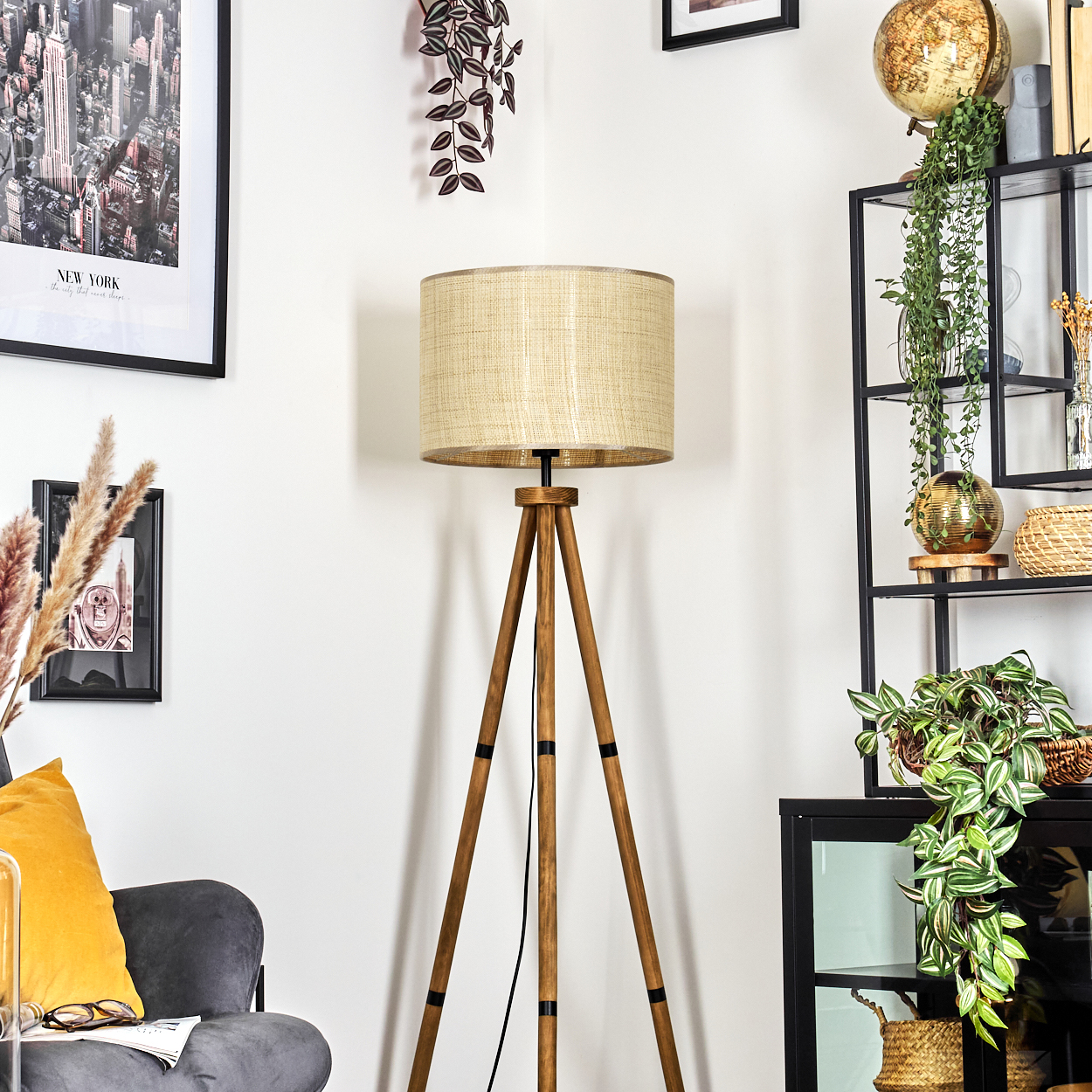 Wohnzimmer mit Stehlampe, Bildern, Pflanzen und Regalen.