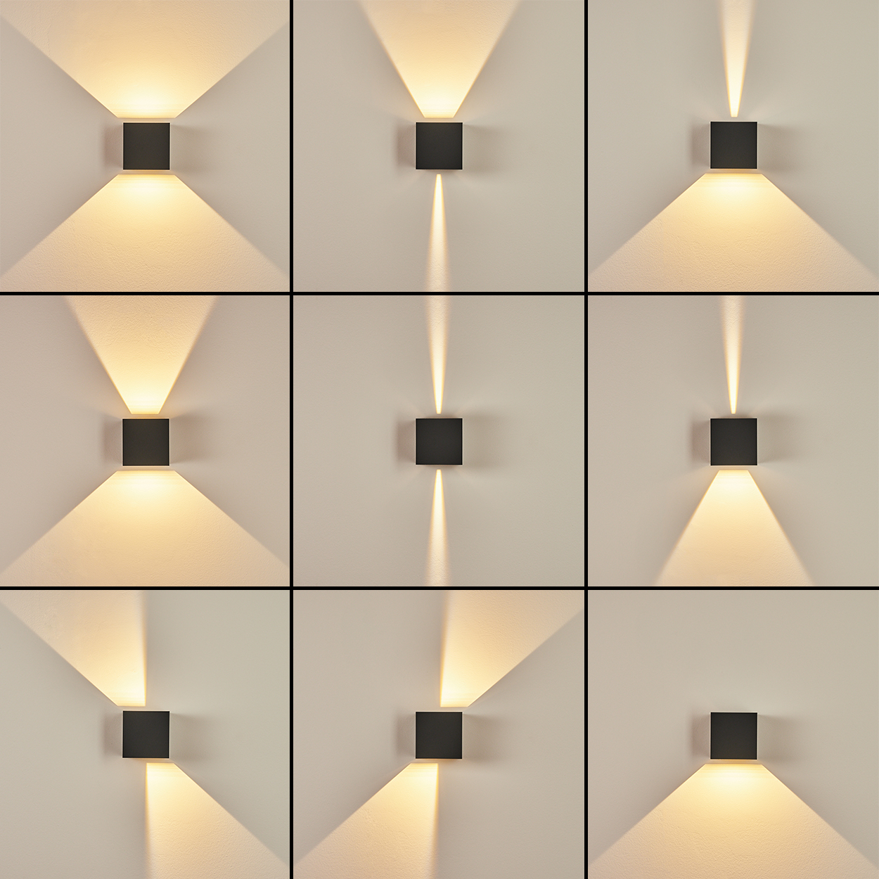 Neun quadratische schwarze Wandleuchten, die jeweils einen Lichtstrahl in verschiedene Richtungen aussenden.