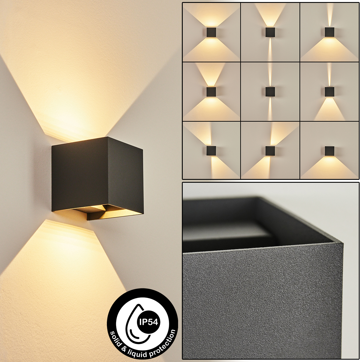 Nahaufnahme, eine quadratische Wandleuchte mit Licht, das in zwei Richtungen scheint. IP54-Symbol ist vorhanden.