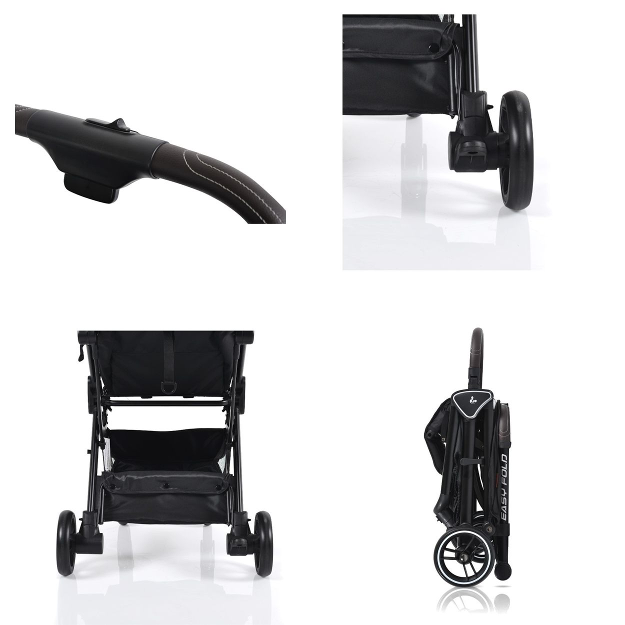 Schwarze Kinderwagen-Teile. Griff, Rad und gefaltete Ansicht. Weißer Hintergrund.