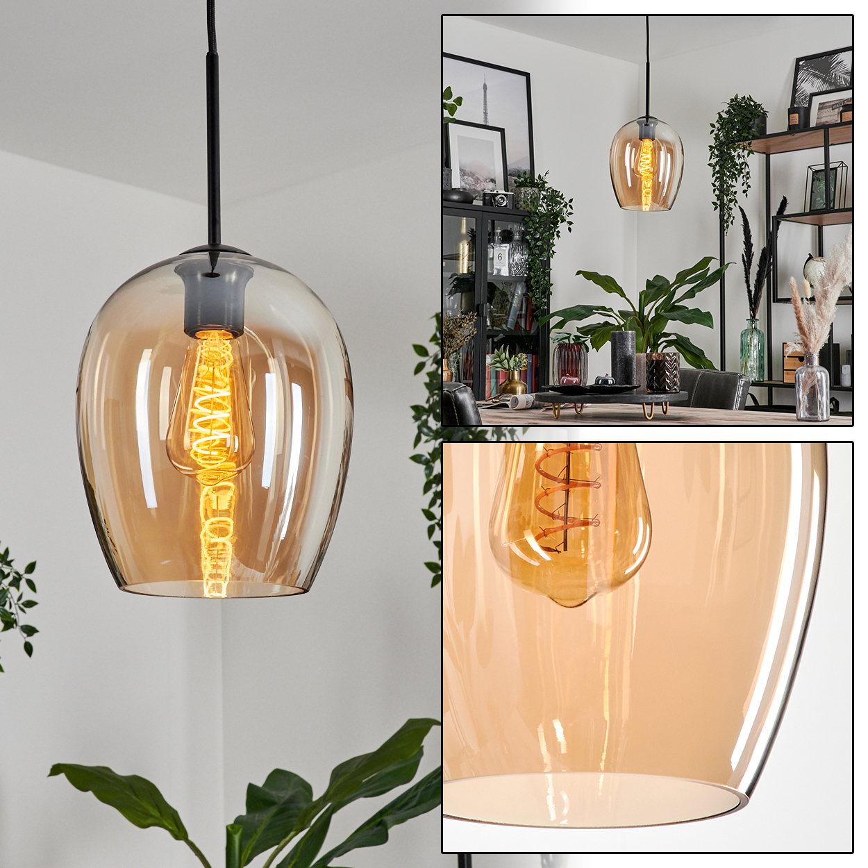 Einzelne bernsteinfarbene Glas-Pendelleuchte mit Detailaufnahmen, die die Glühbirne zeigen.
