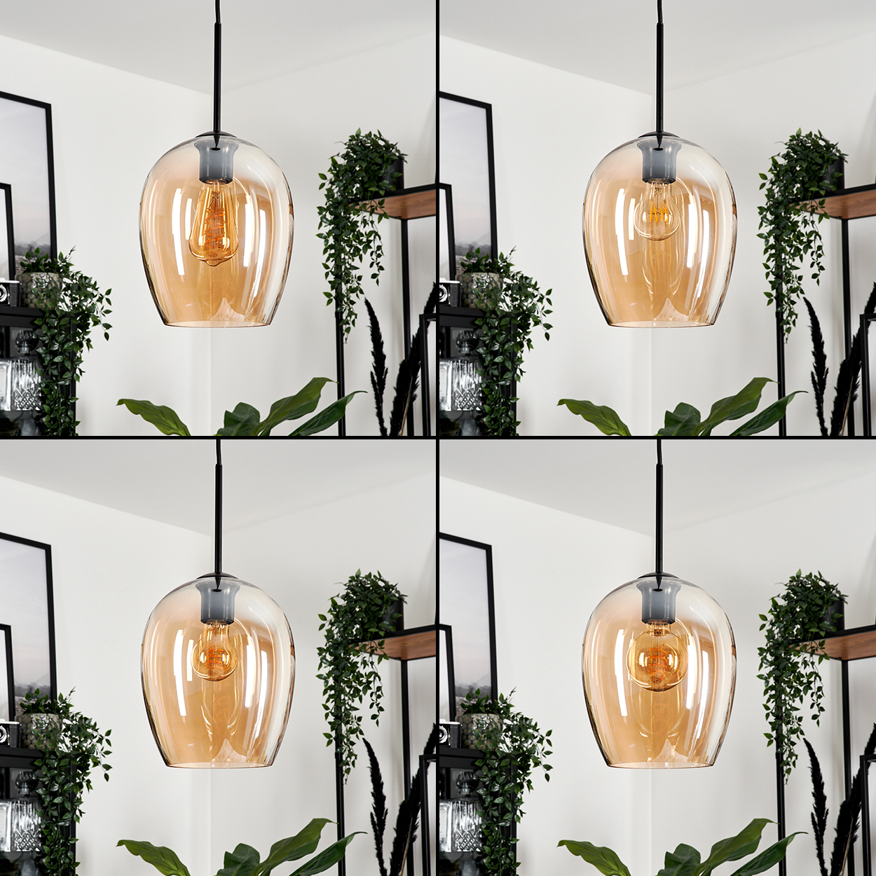 Vier Bilder von bernsteinfarbenen Glas-Pendelleuchten mit Edison-Glühbirnen. Hintergrund enthält Pflanzen und Regale.