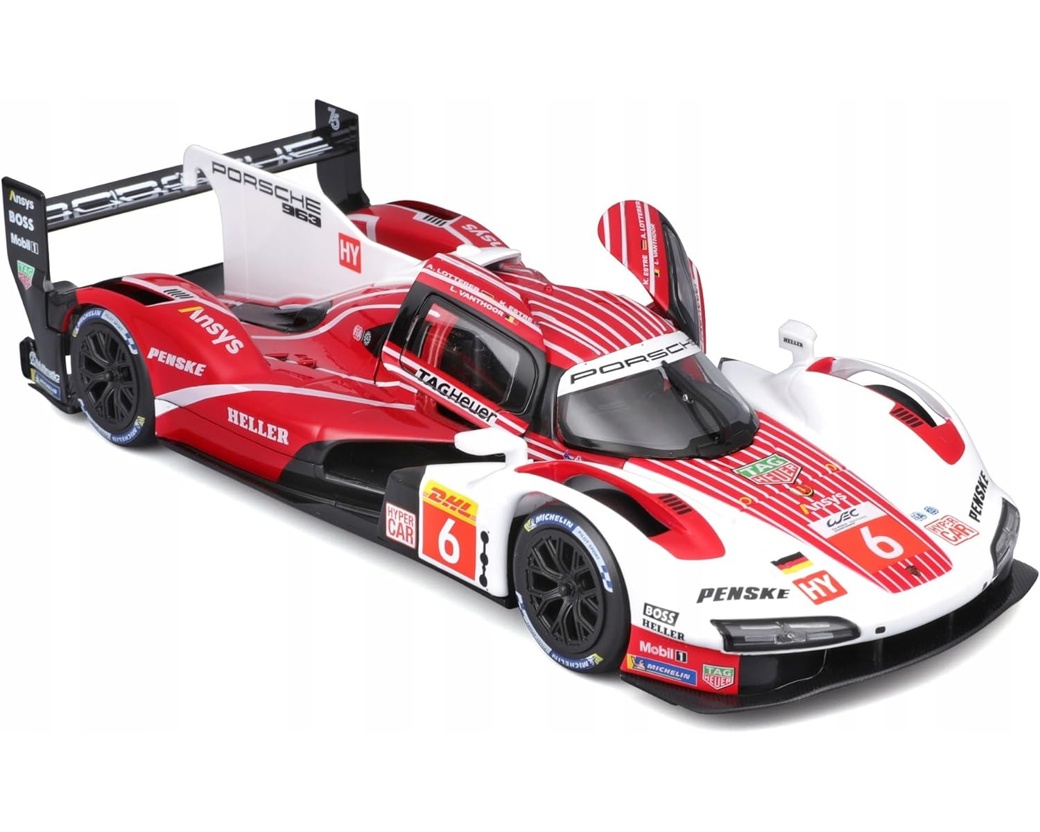Rotes und weißes Porsche-Rennauto, Tür offen, Nummer 6, Sponsorenlogos, schwarze Räder auf weißem Grund.