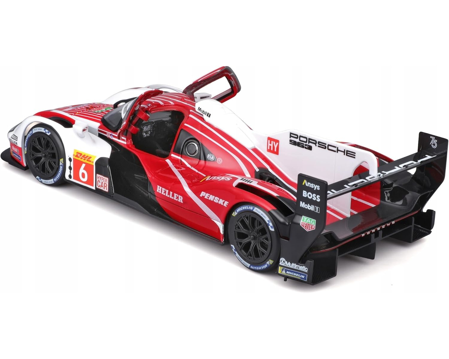 Rotes und weißes Porsche-Rennauto, Nummer 6, Sponsorenlogos, schwarze Räder auf weißem Grund, Tür offen.