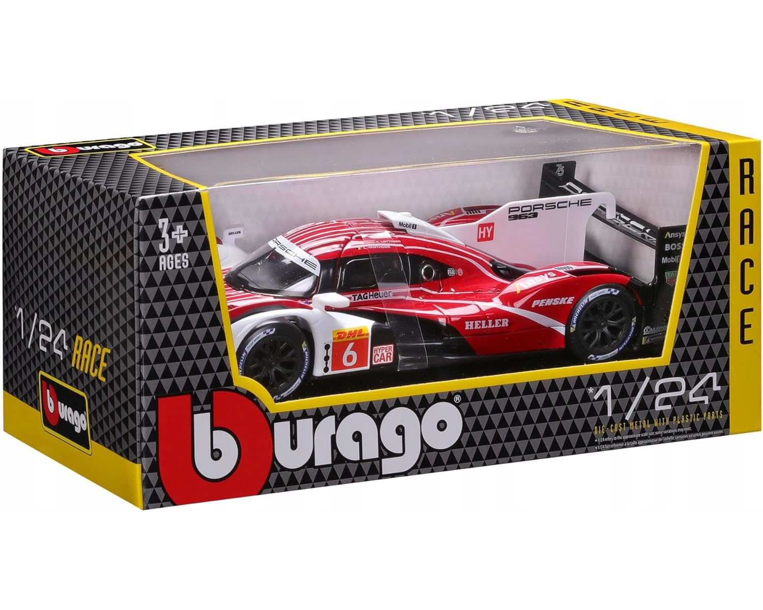Ein Spielzeug-Rennwagen in einer Box mit den Worten '1/24 RACE' und 'bburago'. Es hat rote und weiße Details.