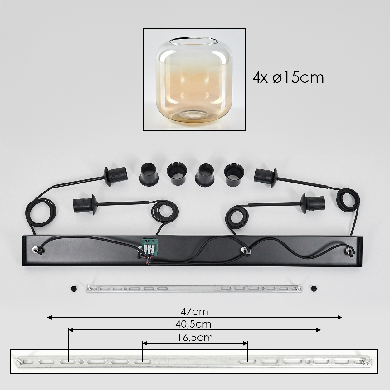 Komponenten einer Pendelleuchte, darunter ein bernsteinfarbener Glasschirm, eine schwarze Halterung und Befestigungsmaterial.
