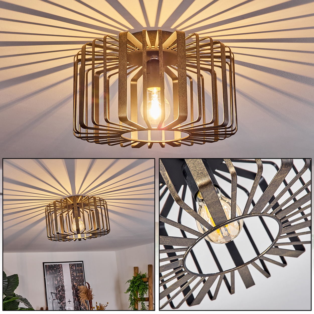 Deckenleuchte mit bronzefarbenem, käfigartigem Design. Schatten auf der Decke durch das Licht.