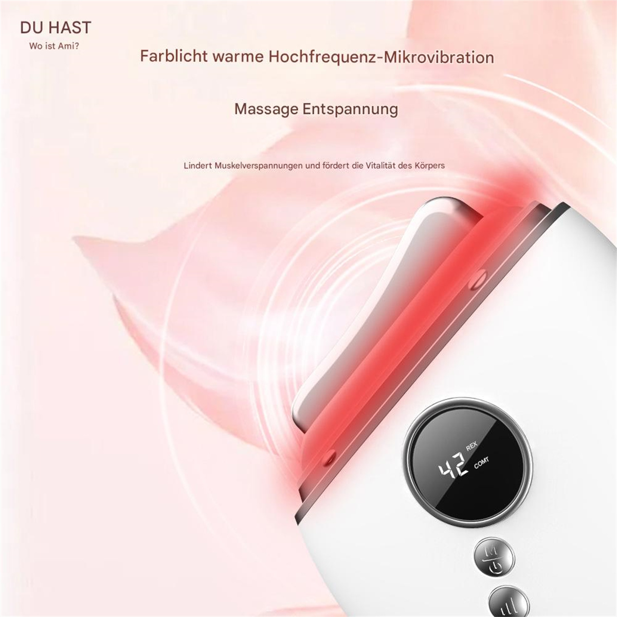 Gesichtsgerät mit rotem Licht, Nahaufnahme. Text über Massage und Entspannung.