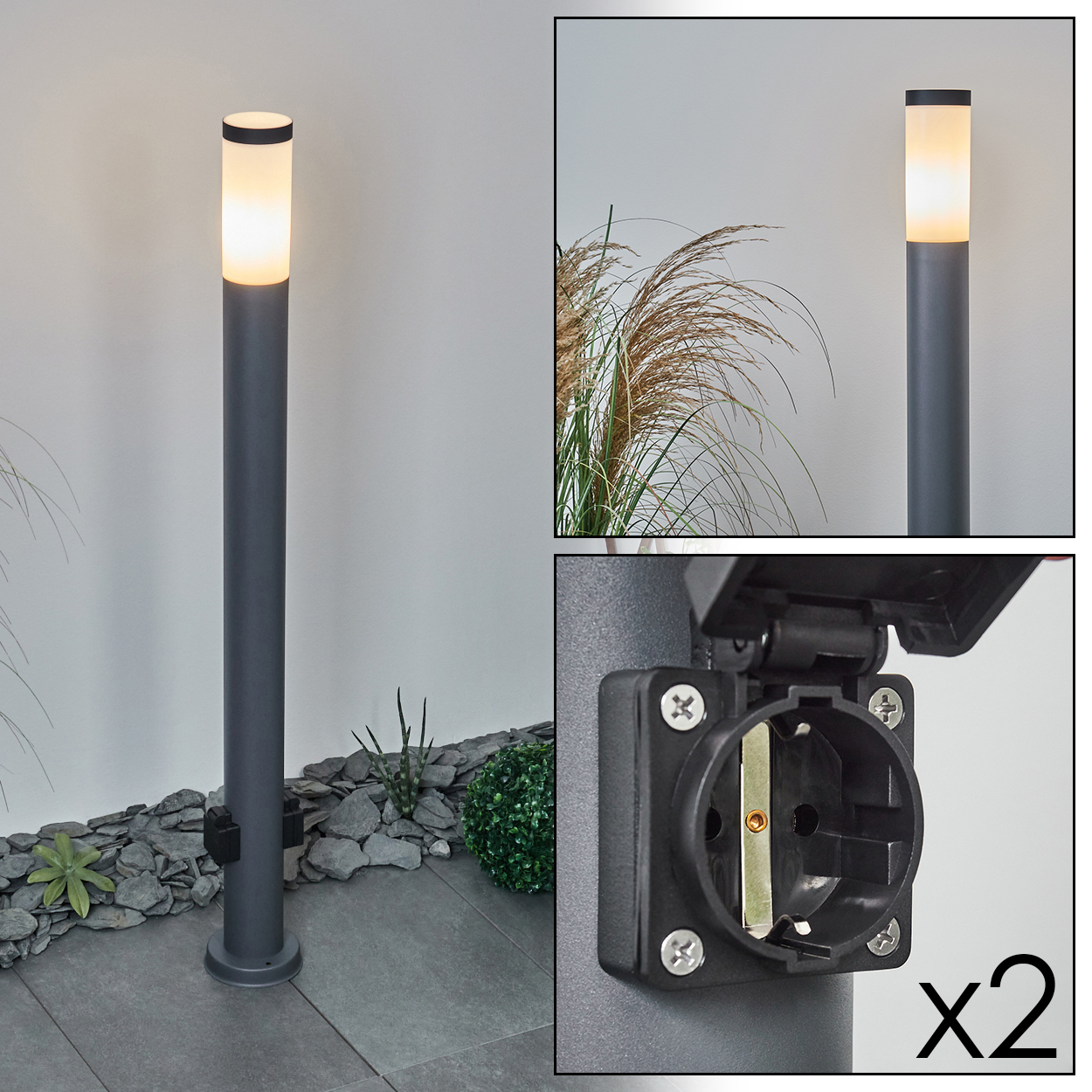 Graue Außenlampe mit leuchtender Spitze. Der Hintergrund umfasst eine weiße Wand und dekorative Steine.