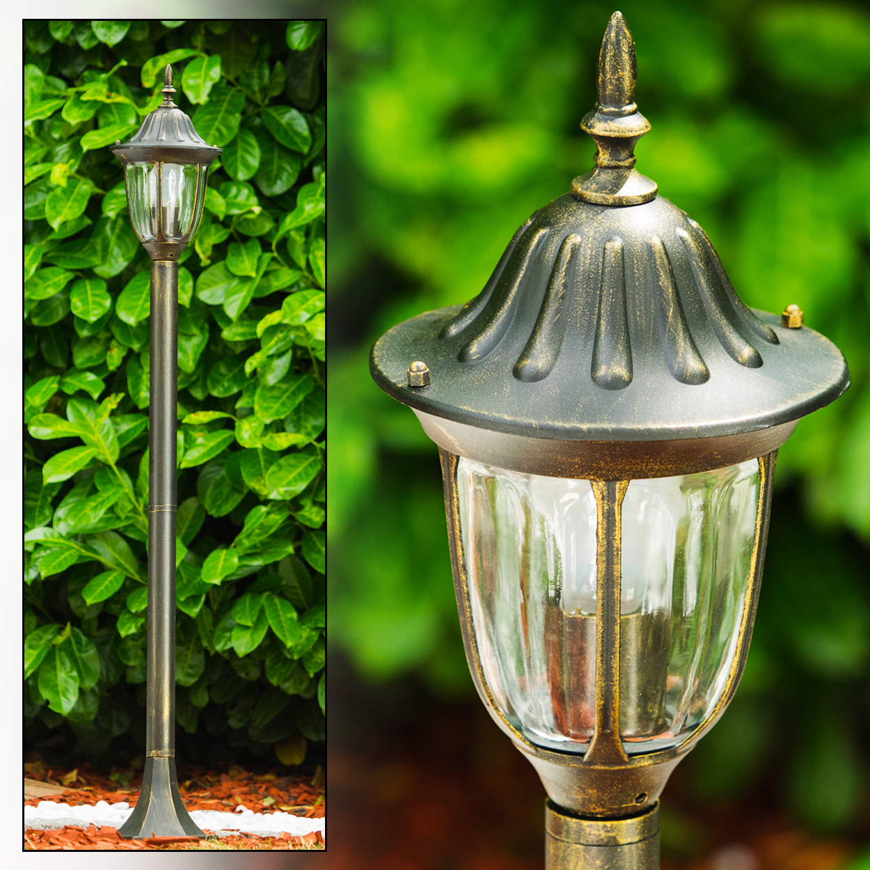 Eine Außenlampe im Vintage-Stil mit Glasschirm vor grünem Laub.