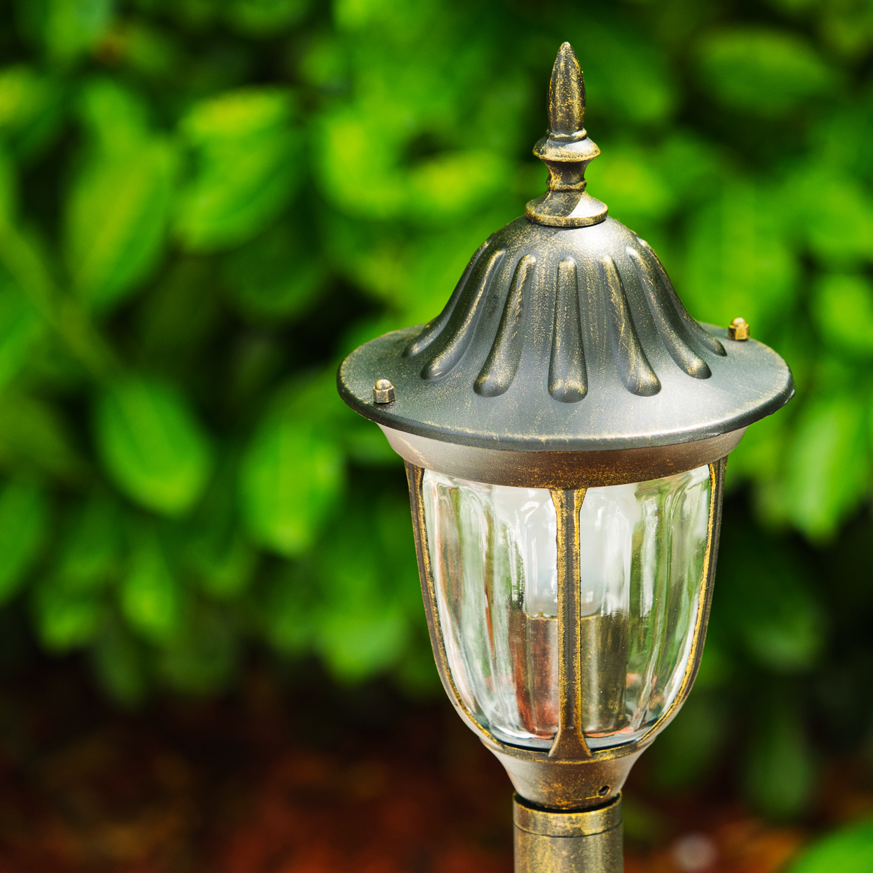 Nahaufnahme der Oberseite einer Vintage-Außenlampe mit grünem Laub im Hintergrund.