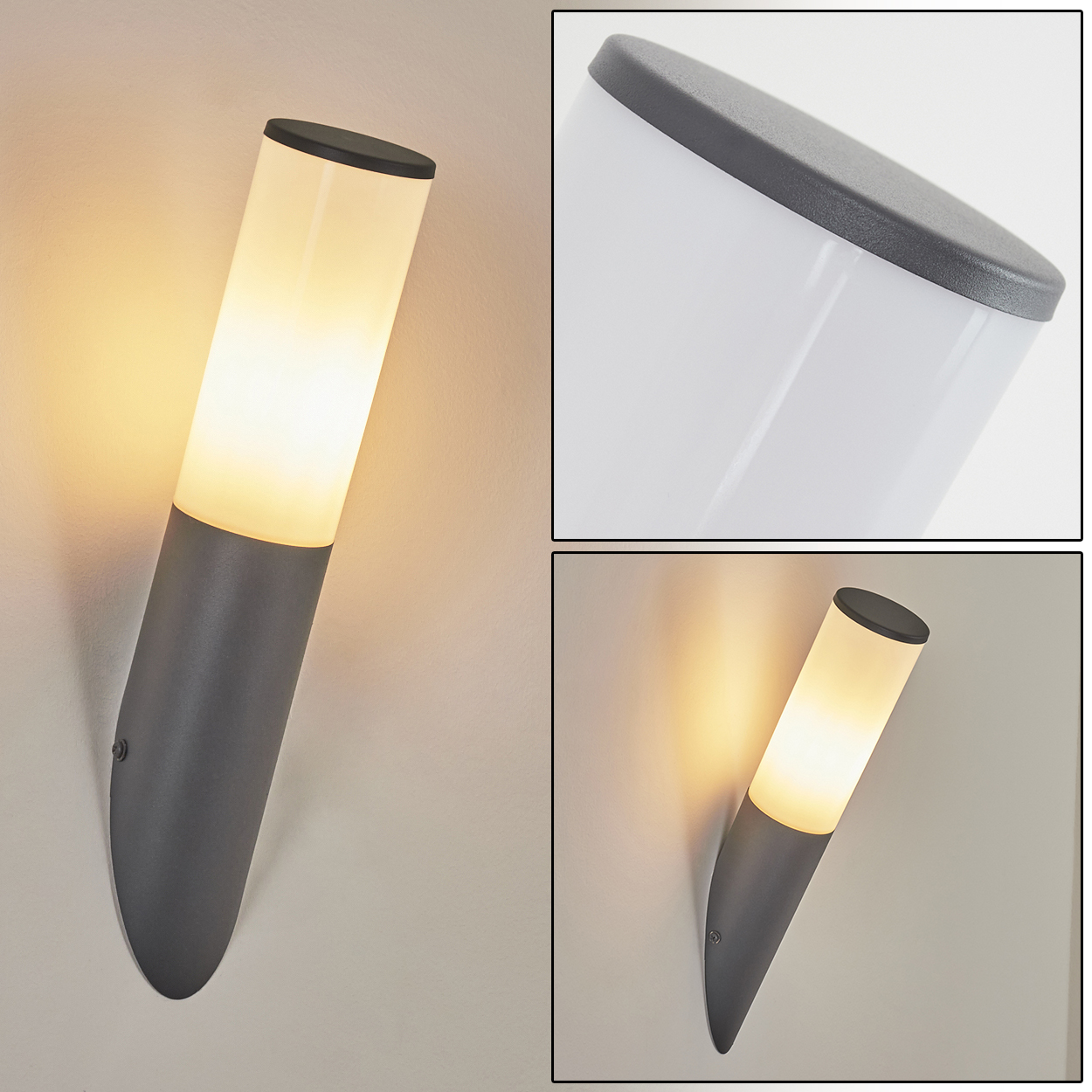 Graue und weiße Wandleuchte. Helles, längliches Design. Licht scheint von innen.