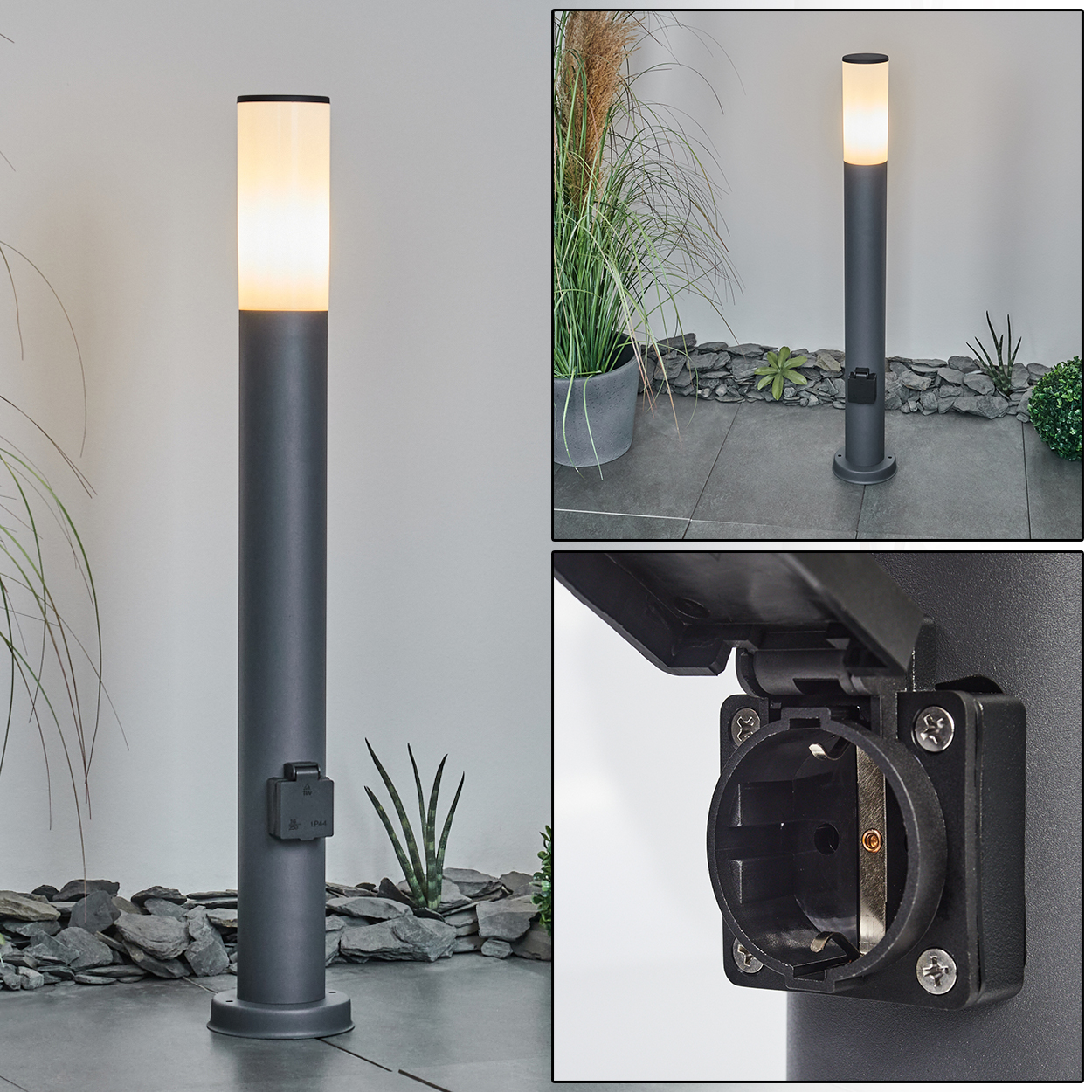 Außenlampe mit Glühbirne und Steckdose mit Abdeckung. Die Lampe ist zylindrisch und grau.