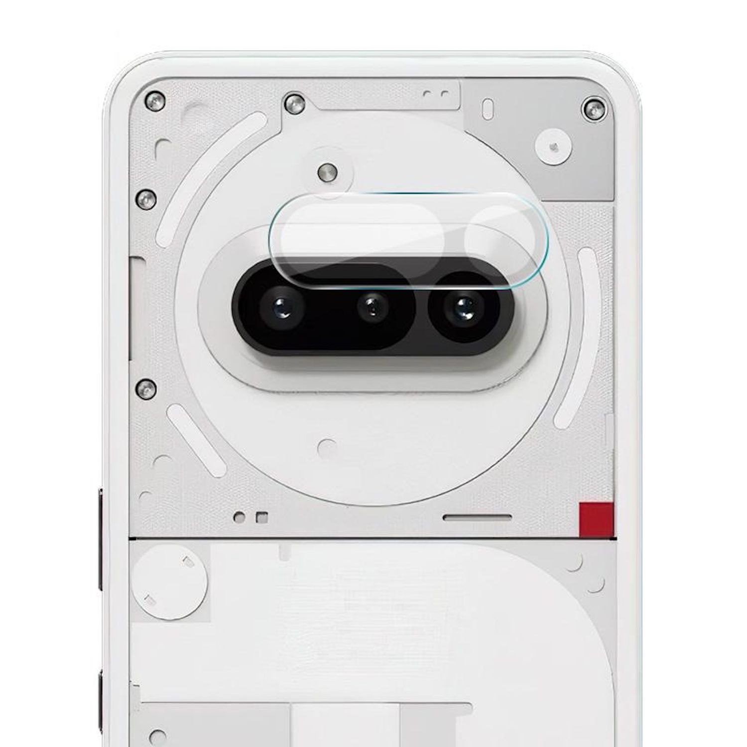 Primo piano della parte posteriore di un telefono bianco con doppie lenti della fotocamera e una protezione.