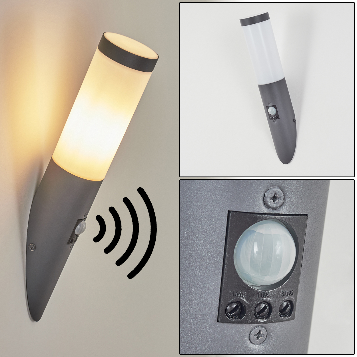 Graue Wandleuchte mit weißem Abschnitt. Sensor und Licht sind an.