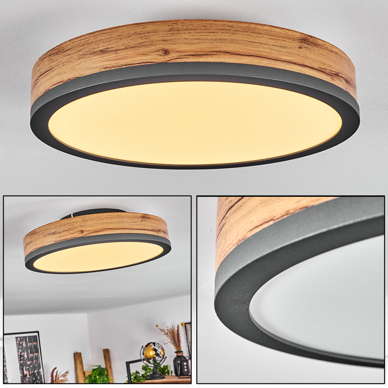 Deckenleuchte mit Holzrahmen und weißem Lichtpaneel. Deko im Hintergrund. Nahaufnahme.