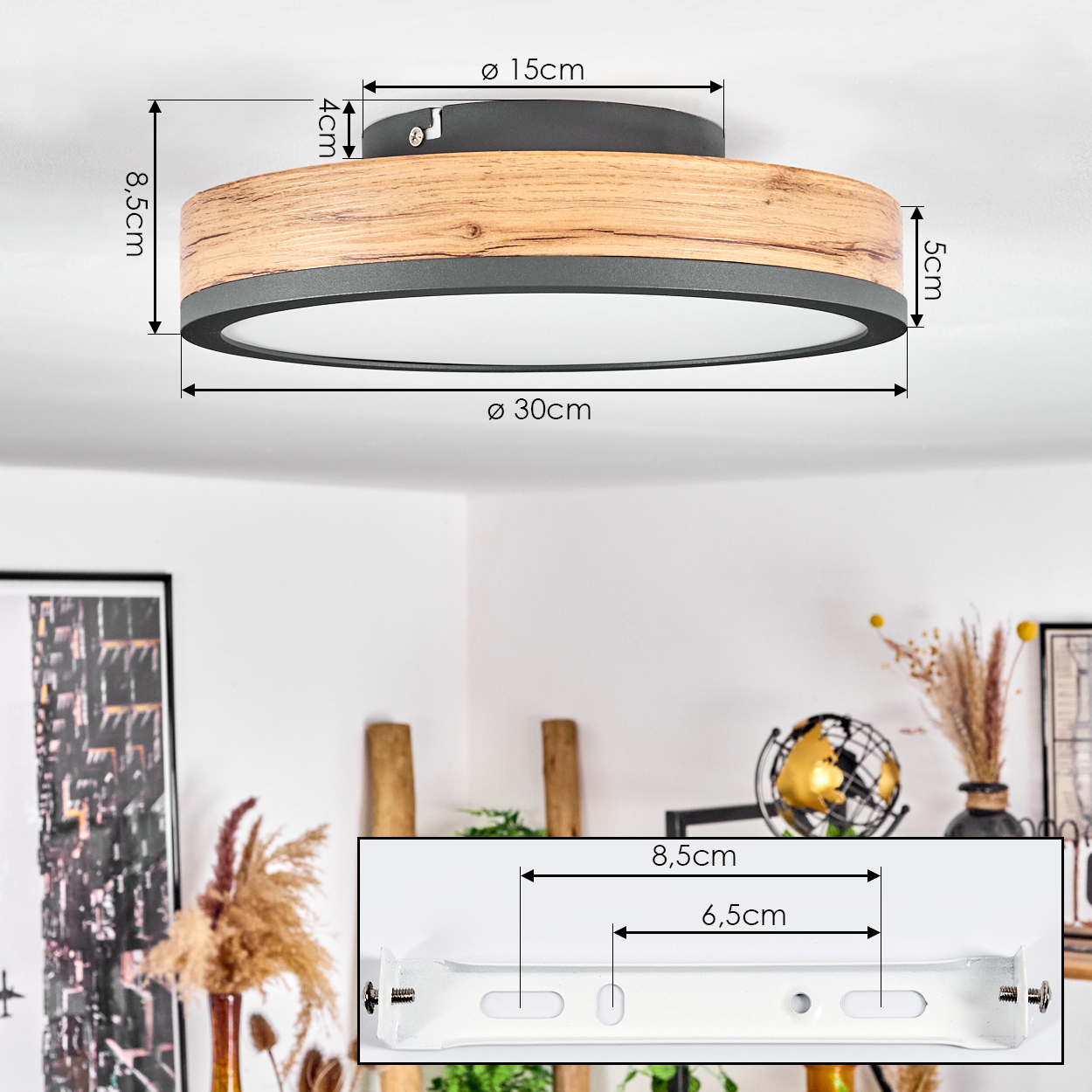 Deckenleuchte mit Holzrahmen, schwarzem Rand und weißem Lichtpaneel. Abmessungen sind angegeben.