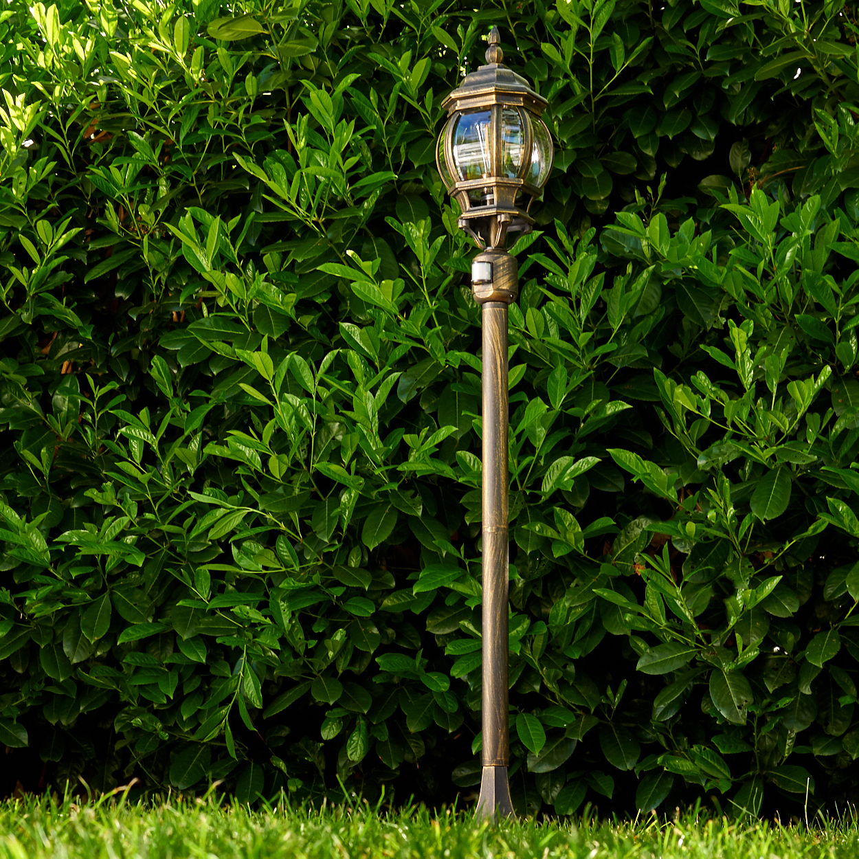 Ein Laternenpfahl im Freien mit Glaskugel vor einer grünen Hecke und Gras.