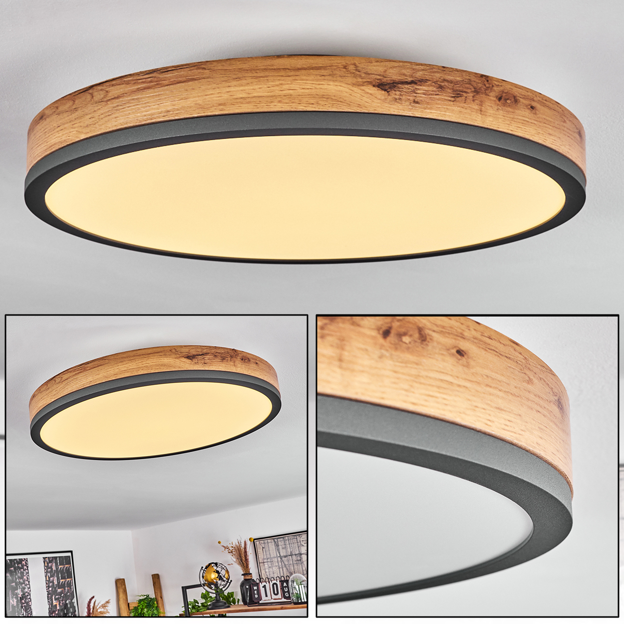 Ovale Deckenleuchte mit Holzrahmen und schwarzem Zierrat, beleuchtet die Decke darunter. Zwei zusätzliche Ansichten.