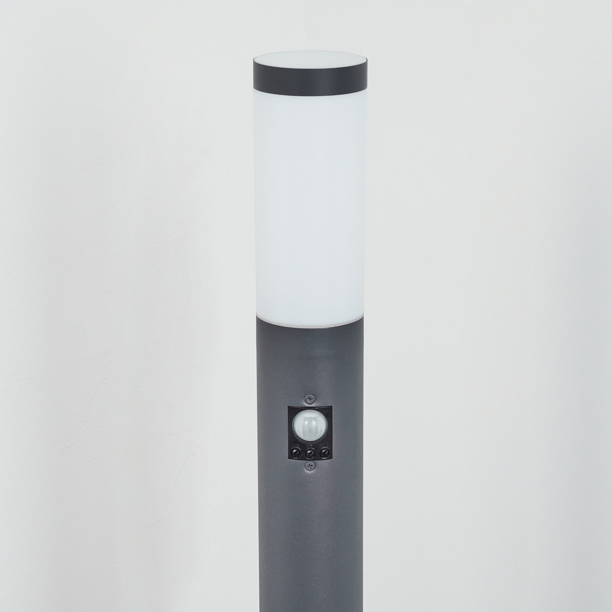 Graue zylindrische Lampe mit weißem Oberteil, Bewegungssensor, auf weißem Hintergrund.
