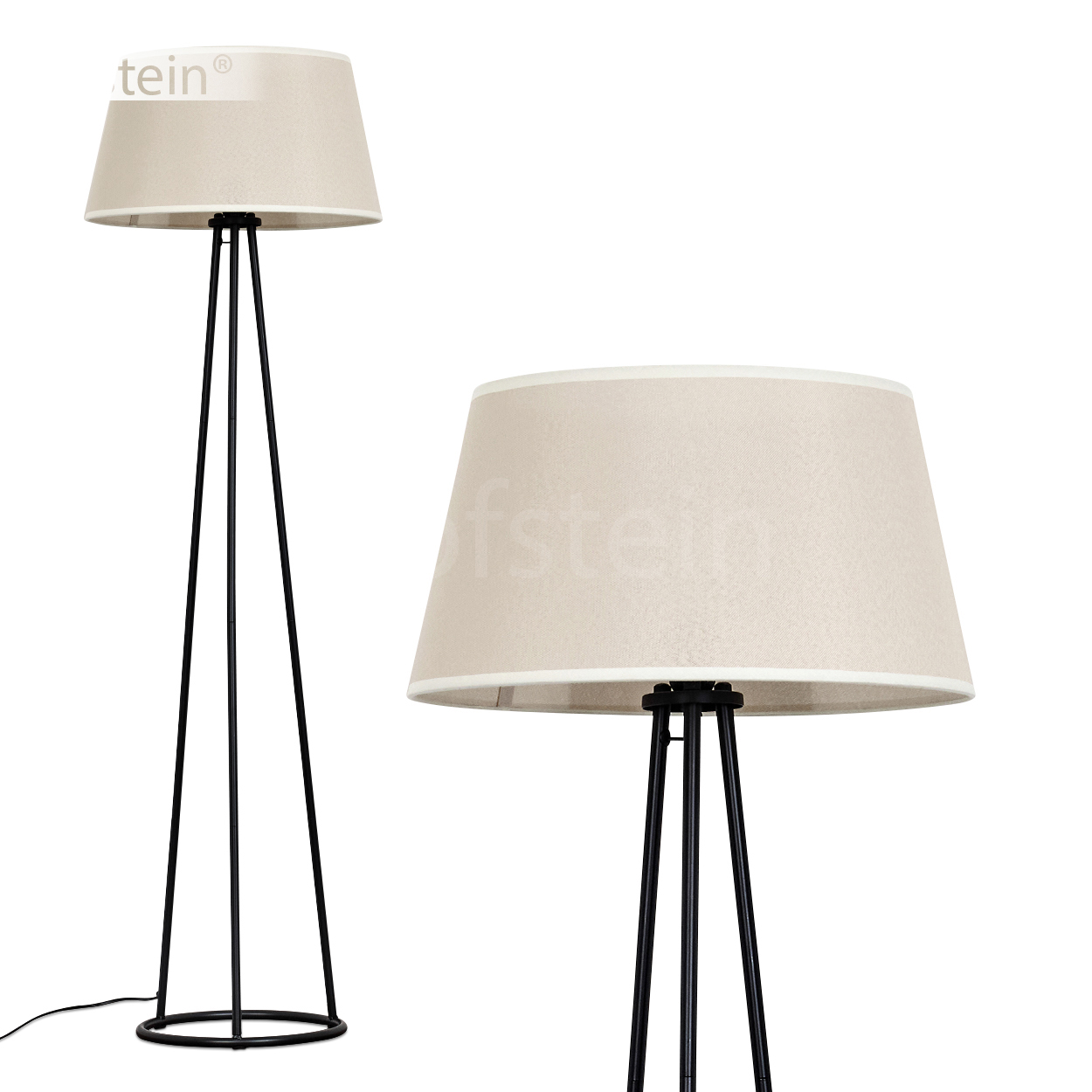 Eine Stehlampe mit beigem Schirm und schwarzem Rahmen befindet sich im Raum.