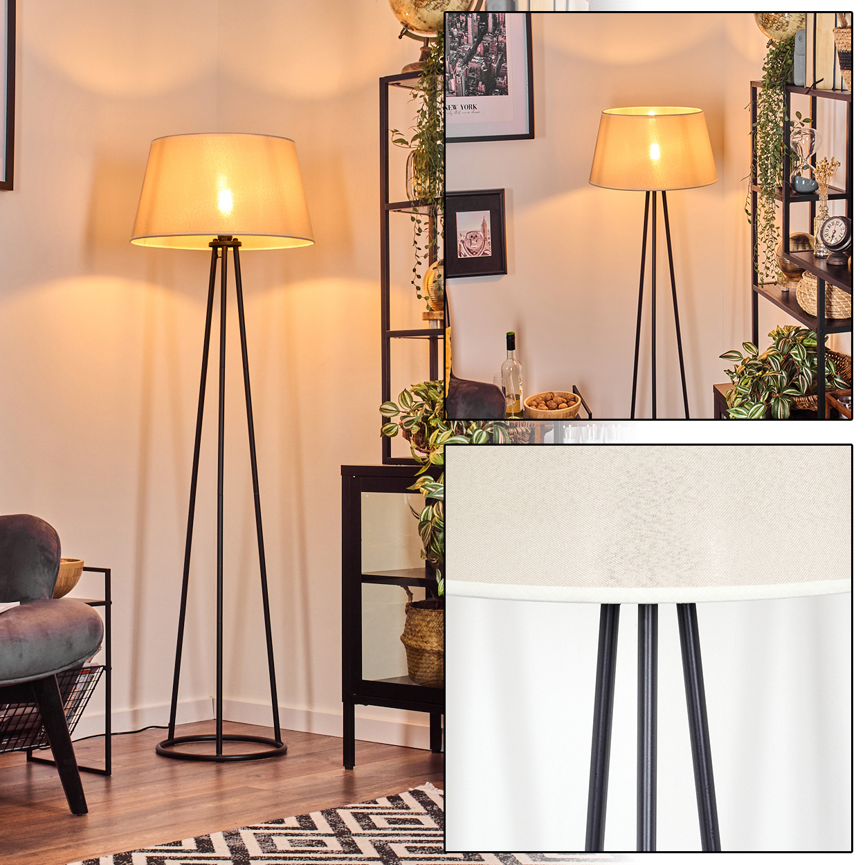 Eine Stehlampe mit beigem Schirm und schwarzem Rahmen befindet sich im Raum.