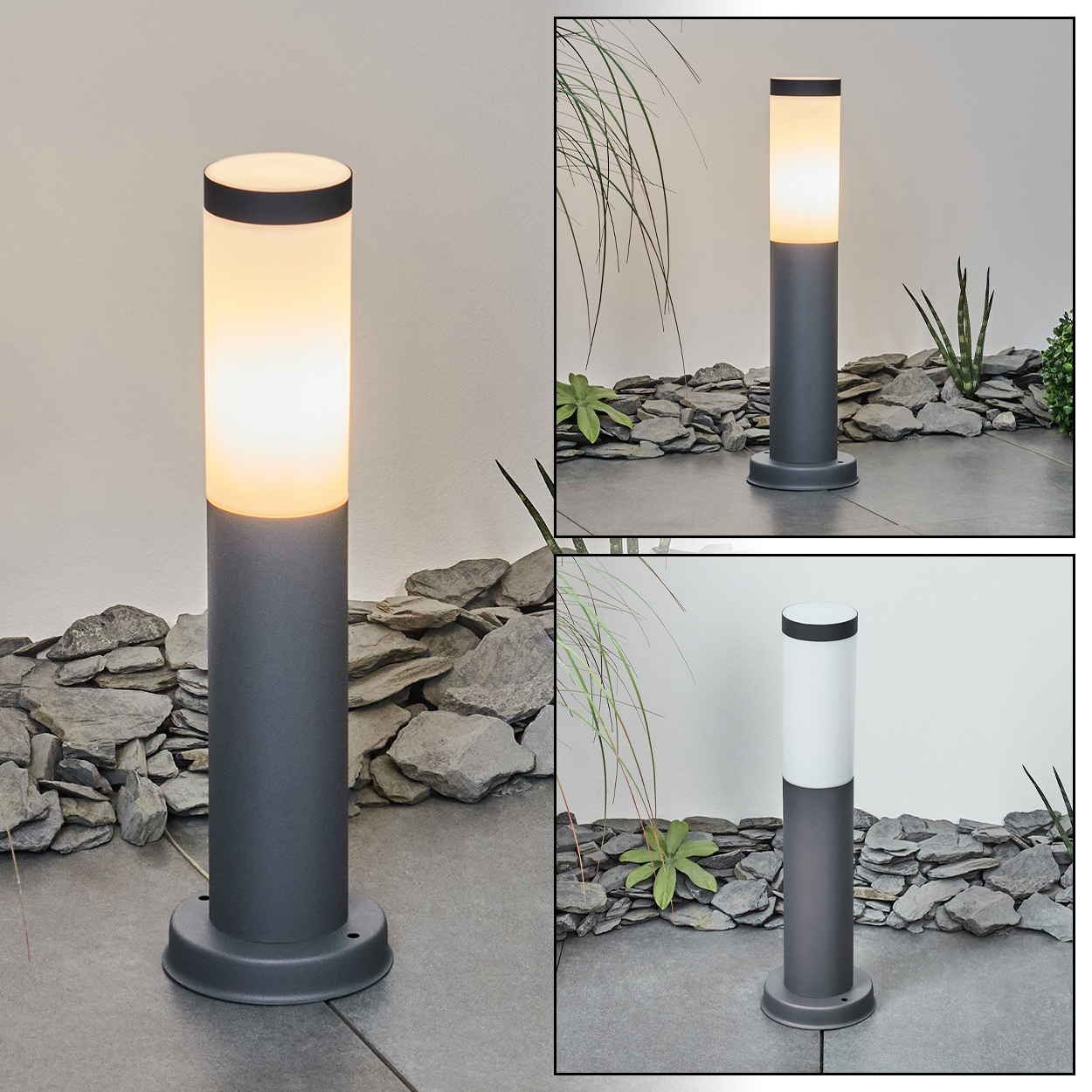 Mehrere Ansichten einer grauen Außenlampe mit weißem Oberteil, beleuchtet, auf einer Terrasse.