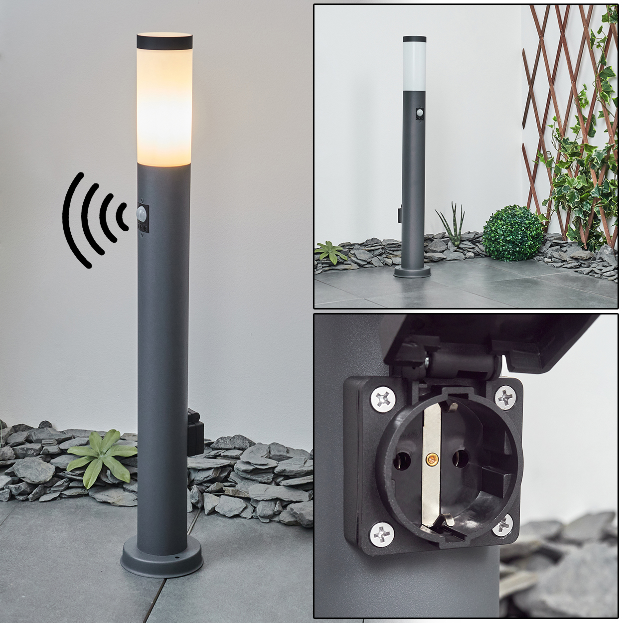 Außenlampe mit Sensor, Steckdose und Funksymbol, mit Pflanzen und Steinen.