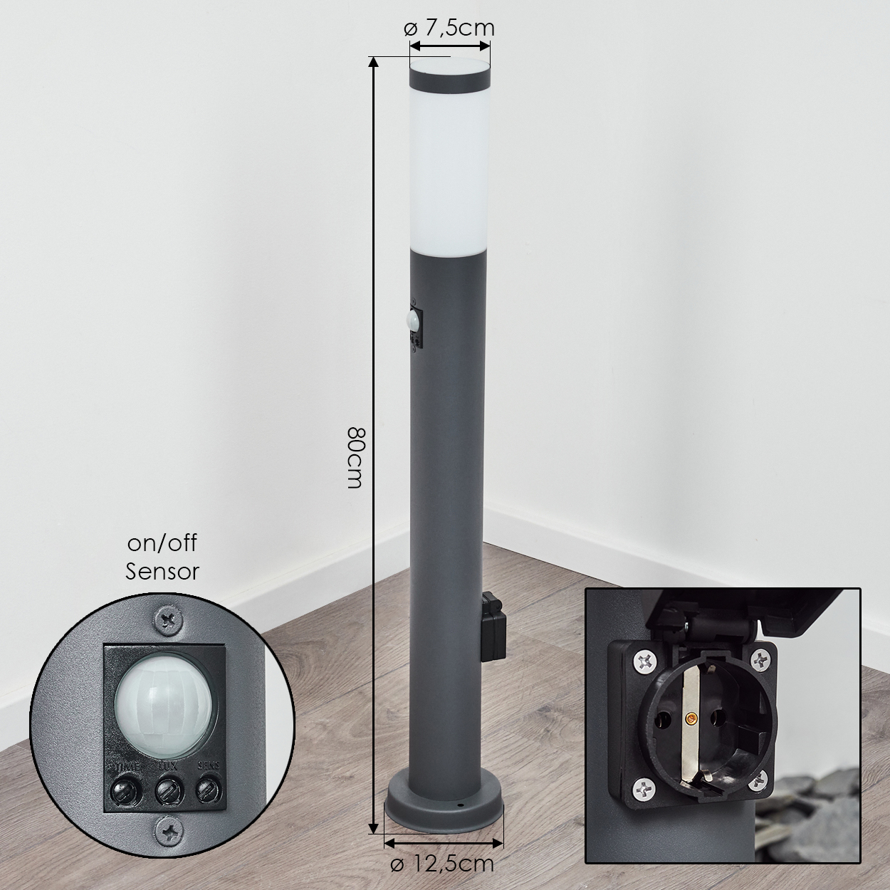 Außenlampe mit Maßen, Sensor- und Steckdosen-Details, weißer Hintergrund.