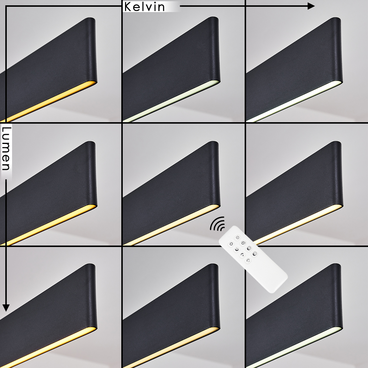 Schwarzes Licht mit einstellbaren Lumen- und Kelvin-Einstellungen, per Fernbedienung bedienbar.