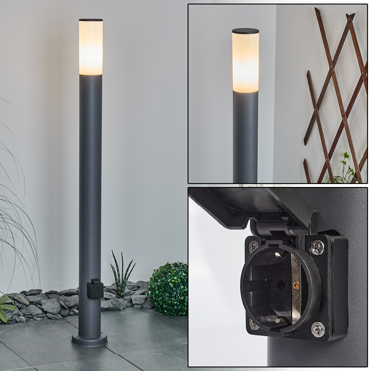 Leuchtende Außenlampe mit Steckdose. Enthält Pflanzen, Steine und Holzgitter.