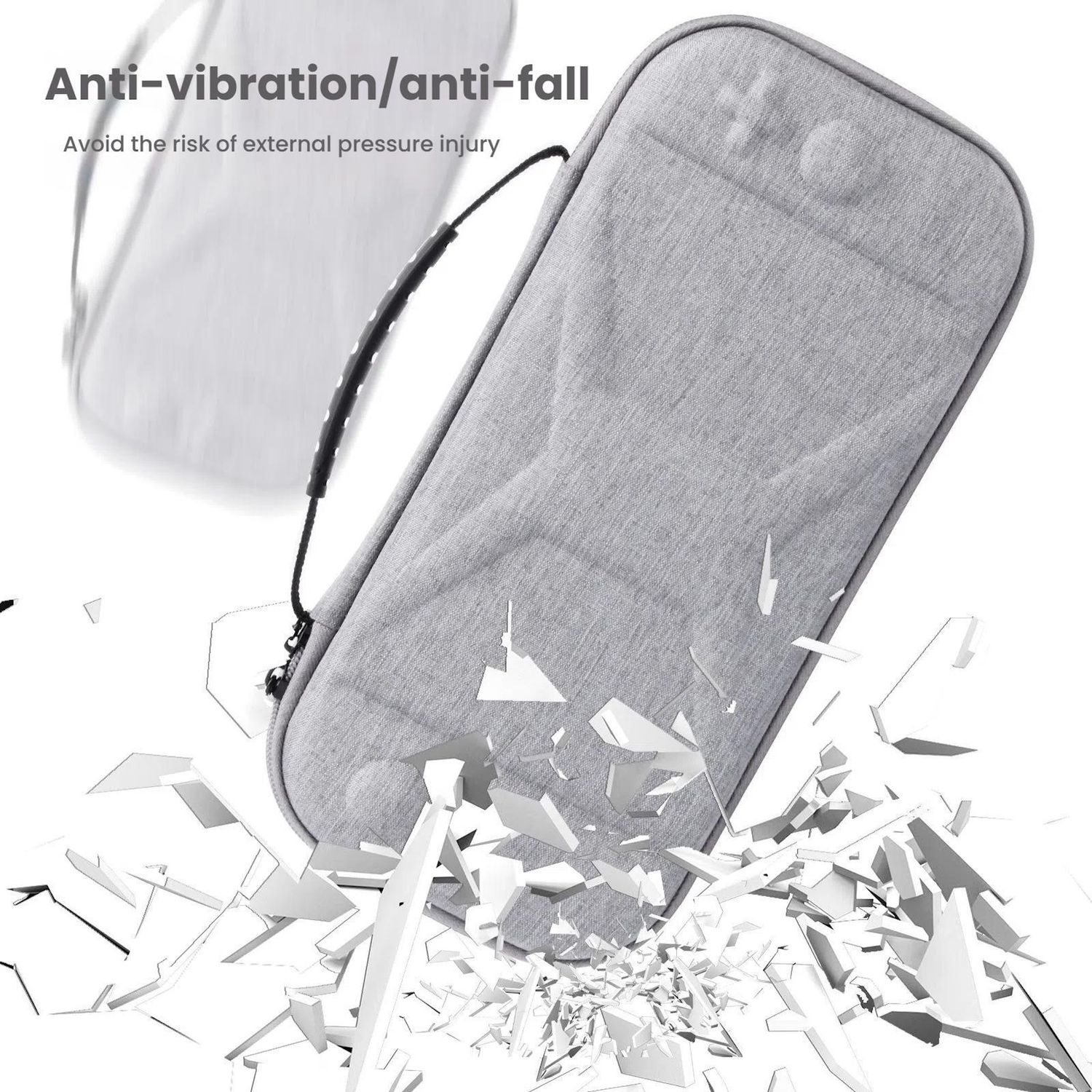 Estuche gris, con asa, con las palabras 'Anti-vibración/anti-caída', con efecto de cristal roto.