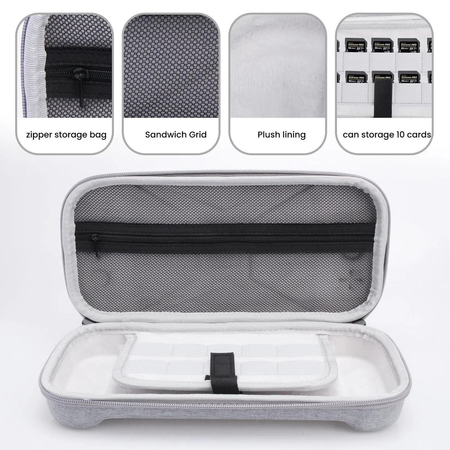 Estuche gris con cremallera negra, abierto para revelar almacenamiento. Interior, un bolsillo de malla, forro de felpa y ranuras para tarjetas.