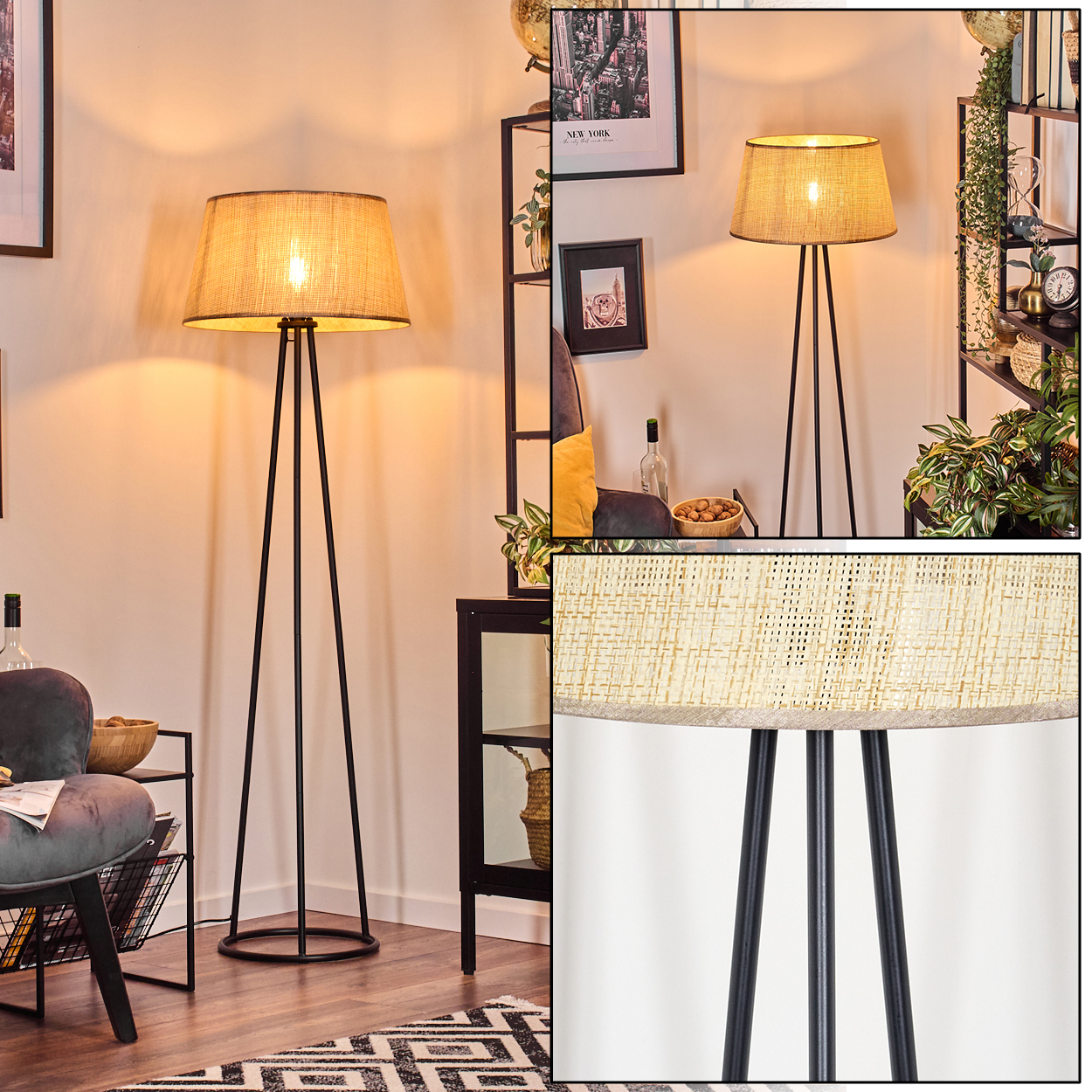 Stehlampe mit beigem Lampenschirm und schwarzem Rahmen. Es ist in einem Raum mit Sofa, Bücherregal und Pflanzen.