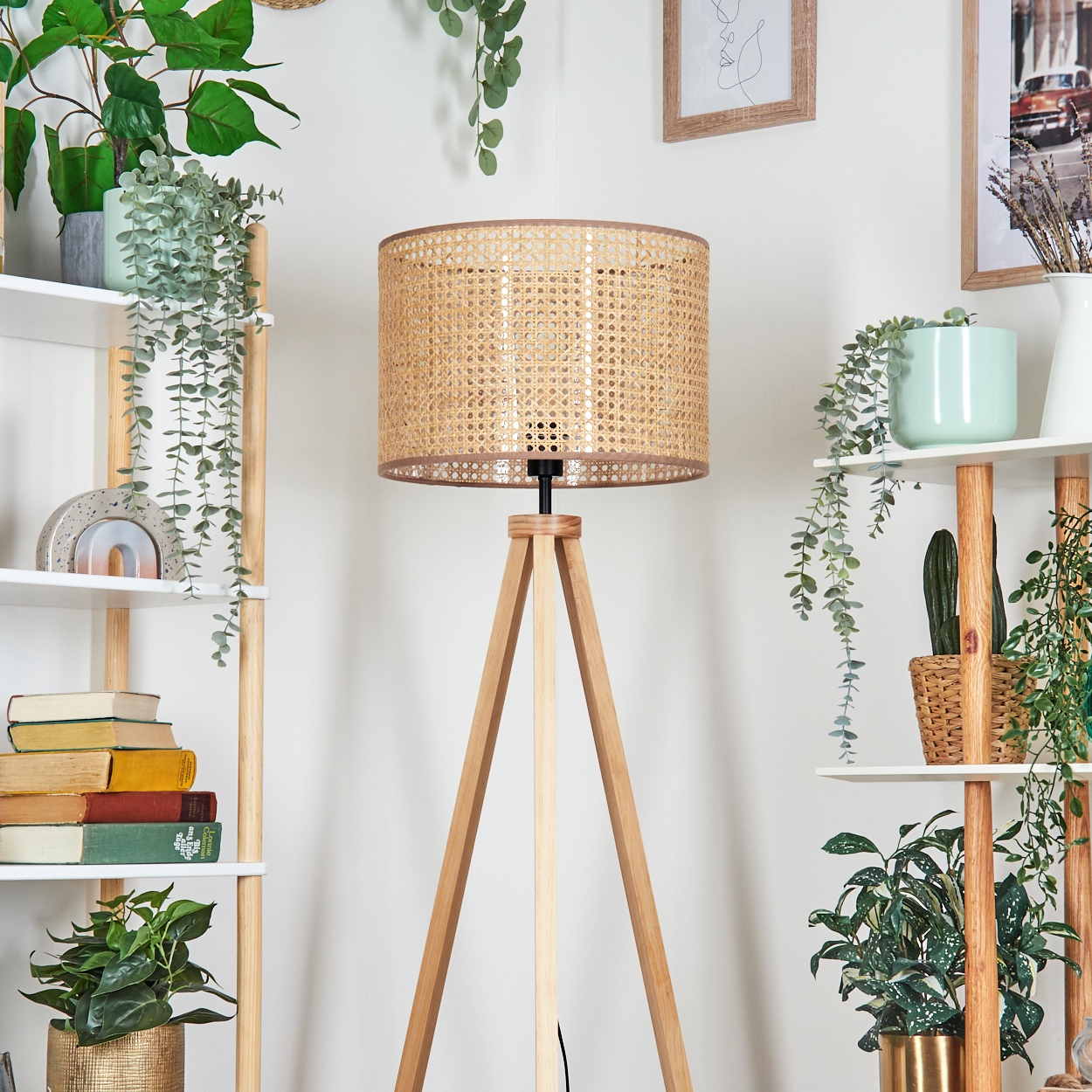 Eine hölzerne Stativ-Stehlampe mit gewebtem Lampenschirm, umgeben von Pflanzen.