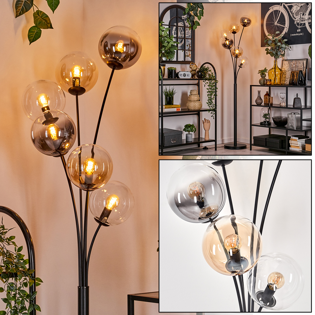 Eine Stehlampe mit mehreren bernsteinfarbenen und silbernen Glaskugeln in einem Raum.