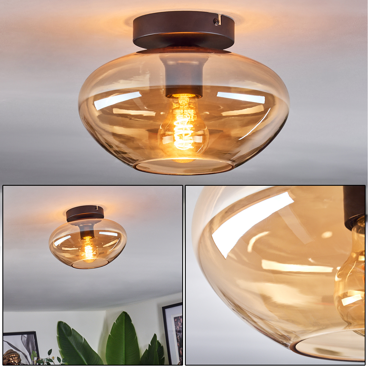 Mehrere Ansichten einer Deckenlampe. Bernsteinfarbener Glasschirm. Schwarzer Sockel. Weiße Decke. Grüne Pflanzen im Hintergrund.