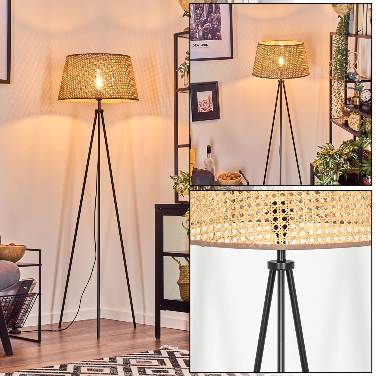 Dreibein-Stehlampe mit gewebtem Schirm. Hintergrund zeigt Kunst, Regal und einen Teppich.