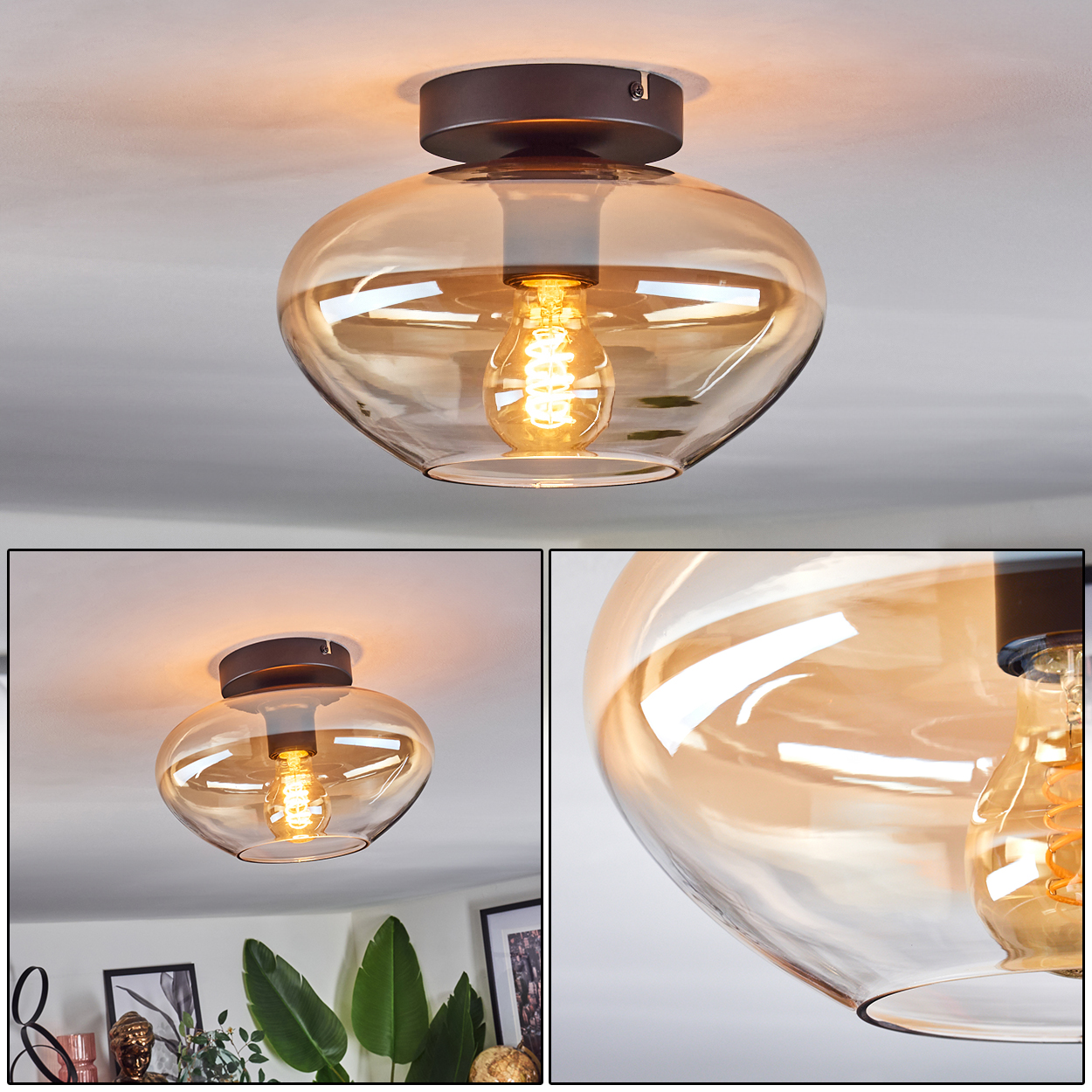Deckenlampe mit bernsteinfarbenem Glasschirm und sichtbarer Glühbirne. Verschiedene Winkel gezeigt.