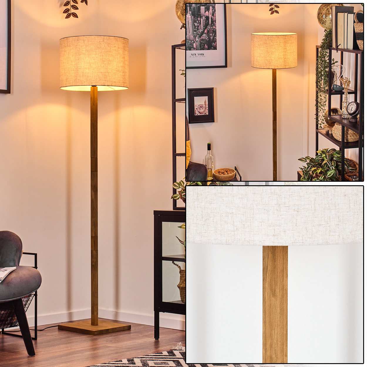 Holz-Stehlampe mit beigem Schirm. Im Hintergrund Teppich, Wand und ein schwarzes Regal.