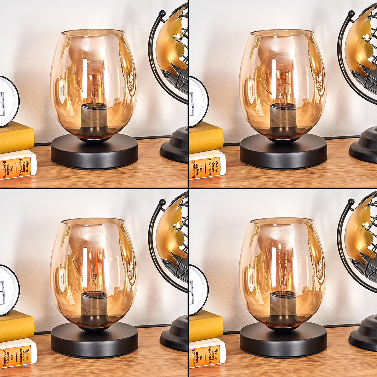 Vier identische Lampen mit bernsteinfarbenen Glasschirmen und einem Globus. Bücher und Deko.