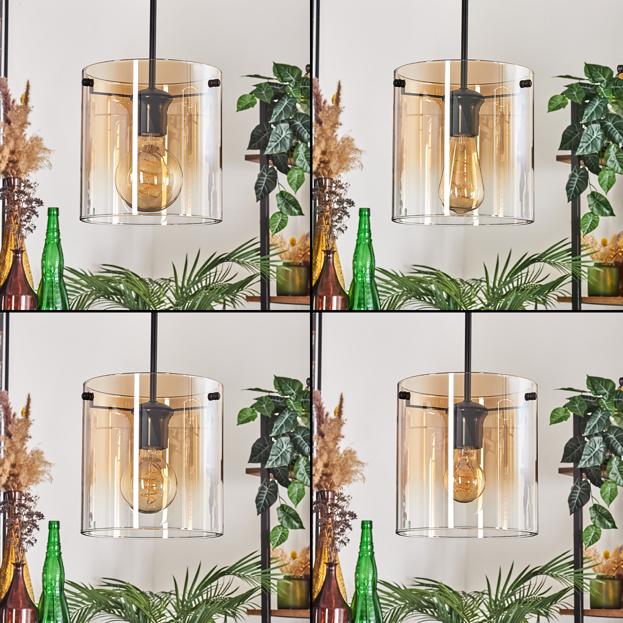 Vier Pendelleuchten mit bernsteinfarbenen Glasschirmen. Pflanzen und Regale im Hintergrund. Edison-Glühbirnen.