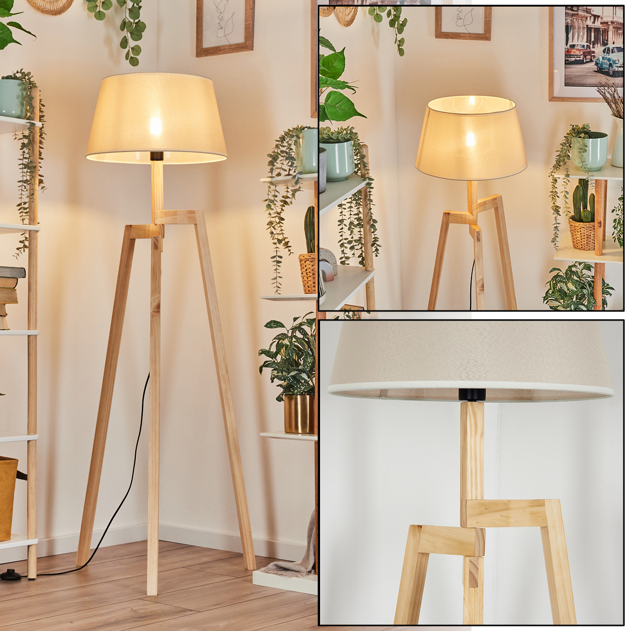 Eine beleuchtete Stehleuchte aus Holz in einem Raum mit anderen Möbeln und Pflanzen.