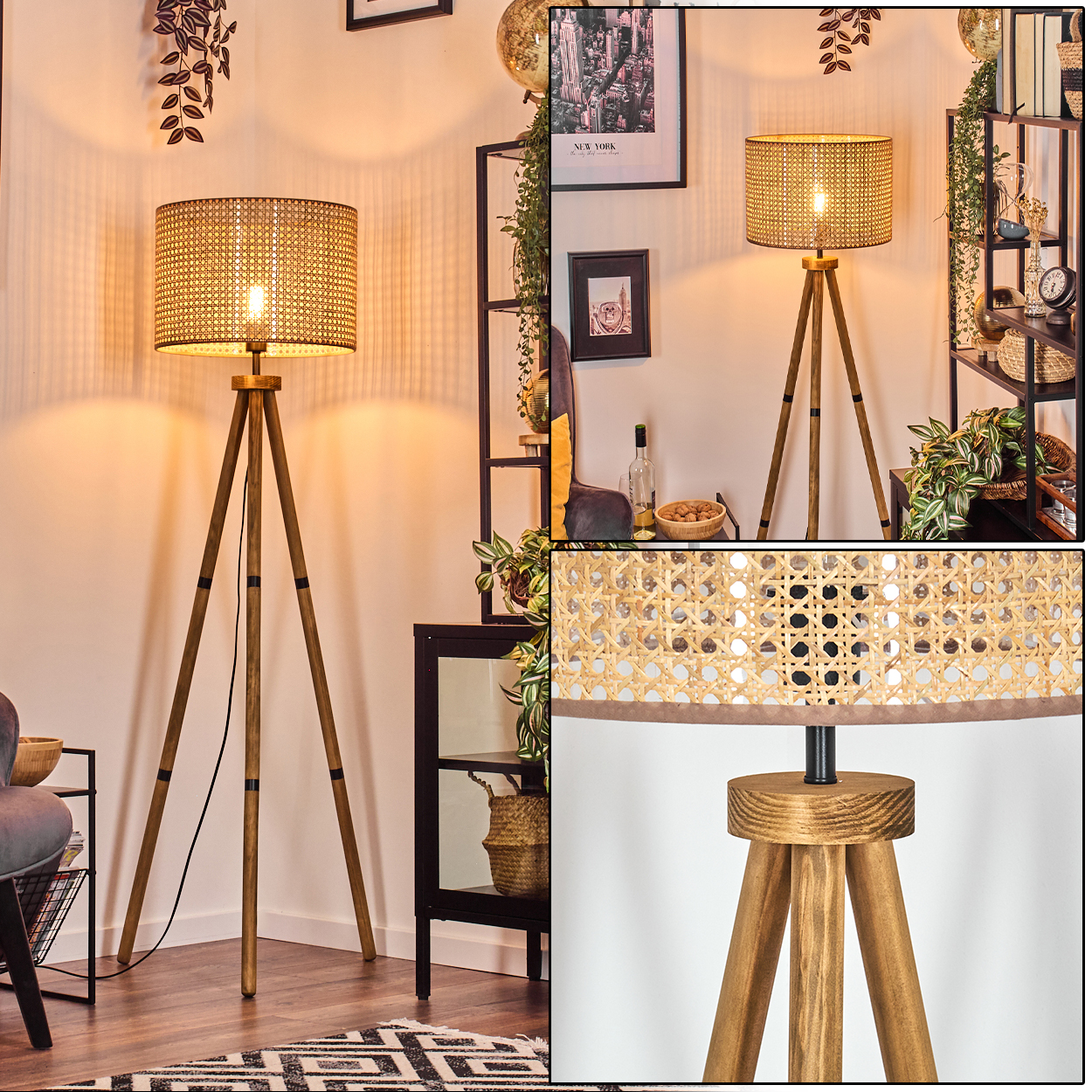 Stehlampe aus Holz mit einem beigen Lampenschirm, die in einer Raumecke steht.