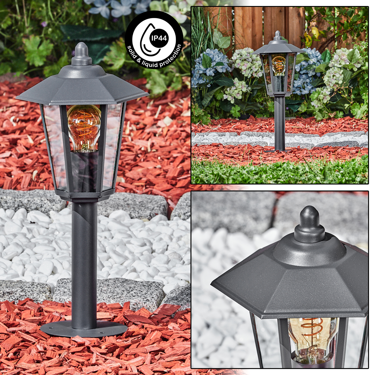 Eine Außenlampe mit Glaseinfassung und einer leuchtenden Glühbirne, in einer Gartenszene. IP44-Schutz.