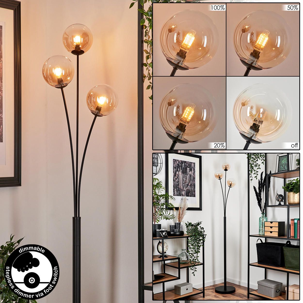 Eine schwarze Stehlampe mit vier Glaskugelleuchten und einem Dimmschalter mit mehreren Ansichten.