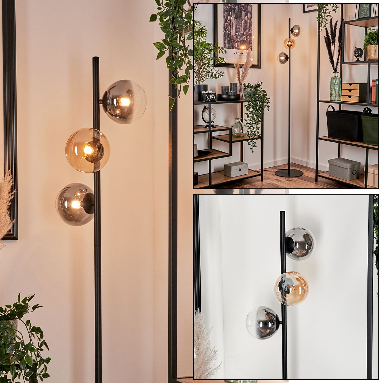 Eine Stehlampe mit drei Glaskugelschirmen. Die Schirme sind bernsteinfarben und silberfarben, mit Regal im Hintergrund.